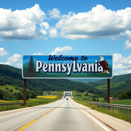 A captivating roadside scene featuring a large, welcoming sign that says 'Welcome to Pennsylvania'