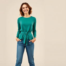 A full-length smiling woman standing confidently for a fashion catalog