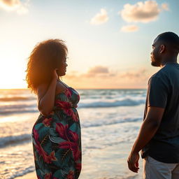 A plus-sized black woman with curly hair standing on the beach, gazing out at the beautiful coastline where the ocean meets the sky