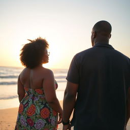 A plus-sized black woman with curly hair standing on the beach, gazing out at the beautiful coastline where the ocean meets the sky