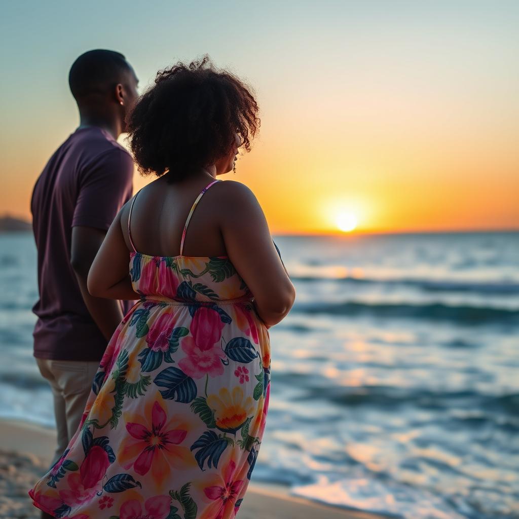 A plus-sized black woman with curly hair standing on the beach, gazing out at the beautiful coastline where the ocean meets the sky