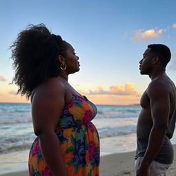 A plus-sized black woman with curly hair standing on the beach, gazing out at the beautiful coastline where the ocean meets the sky