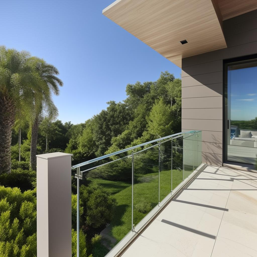 Stunning exterior design featuring glass railing with intricate details on a sunny day.