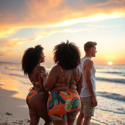 A plus-sized black woman with curly hair standing on the beach, gazing out at the beautiful coastline where the ocean meets the sky