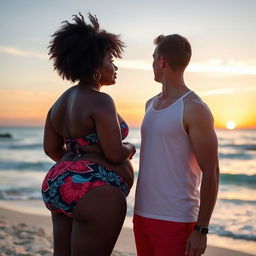 A plus-sized black woman with curly hair standing on the beach, gazing out at the beautiful coastline where the ocean meets the sky