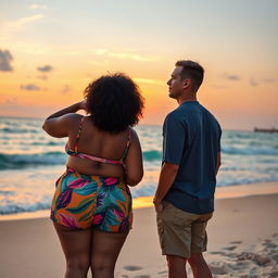 A plus-sized black woman with curly hair standing on the beach, gazing out at the beautiful coastline where the ocean meets the sky