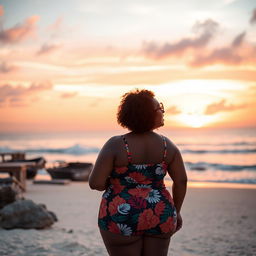 A plus-sized black woman with curly hair standing on the beach, gazing out at the beautiful coastline where the ocean meets the sky