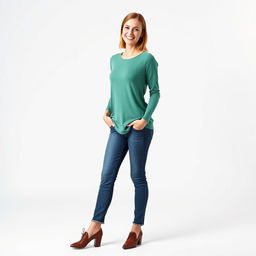 A full-length smiling woman posing for a fashion catalog