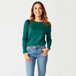 A full-length smiling woman posing for a fashion catalog