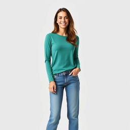 A full-length smiling woman posing for a fashion catalog