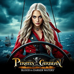 A striking movie poster for 'Pirates of the Caribbean: Blood in Darker Waters', showcasing a beautiful young woman captain with long, flowing white hair and mesmerizing blue eyes