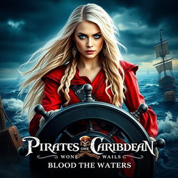 A striking movie poster for 'Pirates of the Caribbean: Blood in Darker Waters', showcasing a beautiful young woman captain with long, flowing white hair and mesmerizing blue eyes