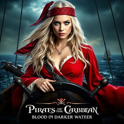 A striking movie poster for 'Pirates of the Caribbean: Blood in Darker Waters', showcasing a beautiful young woman captain with long, flowing white hair and mesmerizing blue eyes