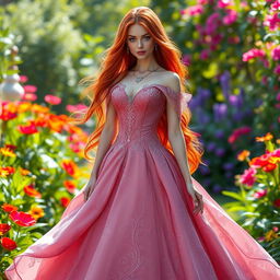 A fair-skinned human woman with long, flowing red hair and striking purple eyes, elegantly dressed in a stunning princess gown adorned with intricate patterns