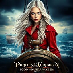 A striking movie poster for 'Pirates of the Caribbean: Blood in Darker Waters', showcasing a beautiful young woman captain with long, flowing white hair and mesmerizing blue eyes