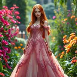 A fair-skinned human woman with long, flowing red hair and striking purple eyes, elegantly dressed in a stunning princess gown adorned with intricate patterns