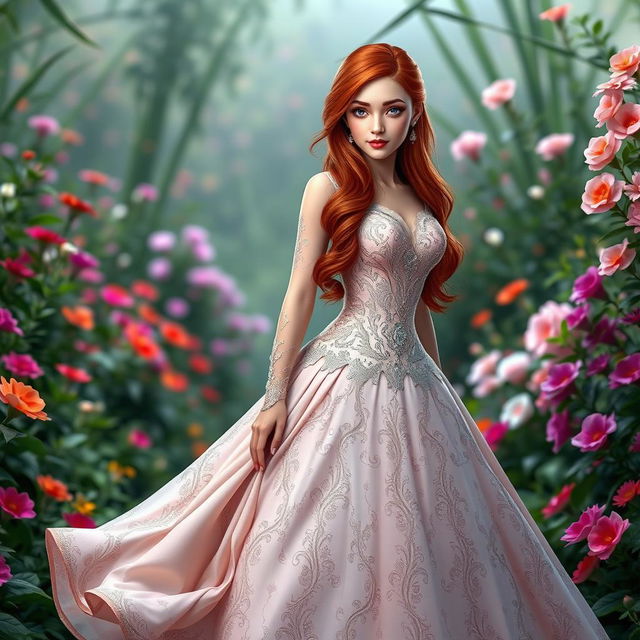 A fair-skinned human woman with long, flowing red hair and striking purple eyes, elegantly dressed in a stunning princess gown adorned with intricate patterns