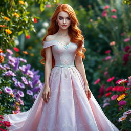 A fair-skinned human woman with long, flowing red hair and striking purple eyes, elegantly dressed in a stunning princess gown adorned with intricate patterns