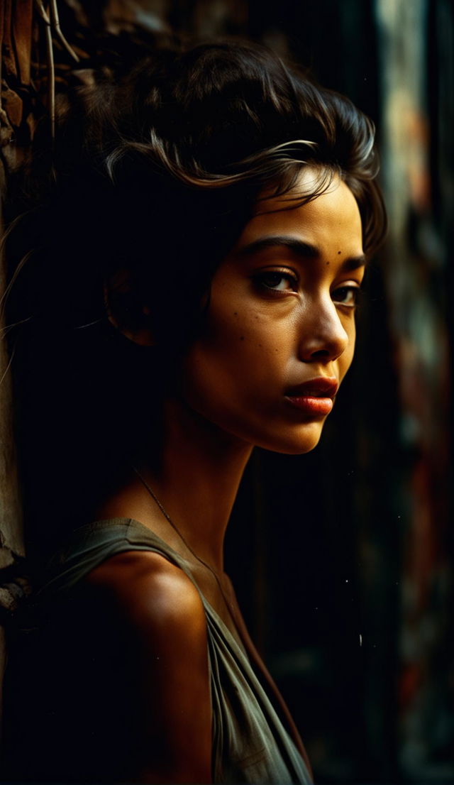 Ultra high-resolution 36k Steve McCurry style photograph of a beautiful woman in side profile against a gritty background.