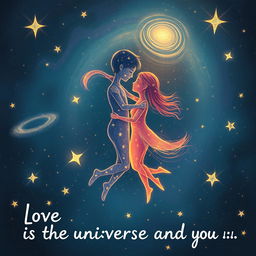 A whimsical and romantic scene depicting the concept of love taking shape in a cosmic setting