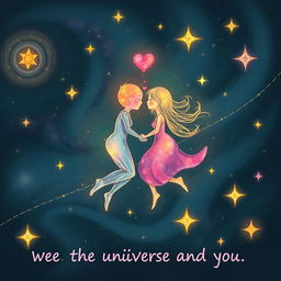 A whimsical and romantic scene depicting the concept of love taking shape in a cosmic setting