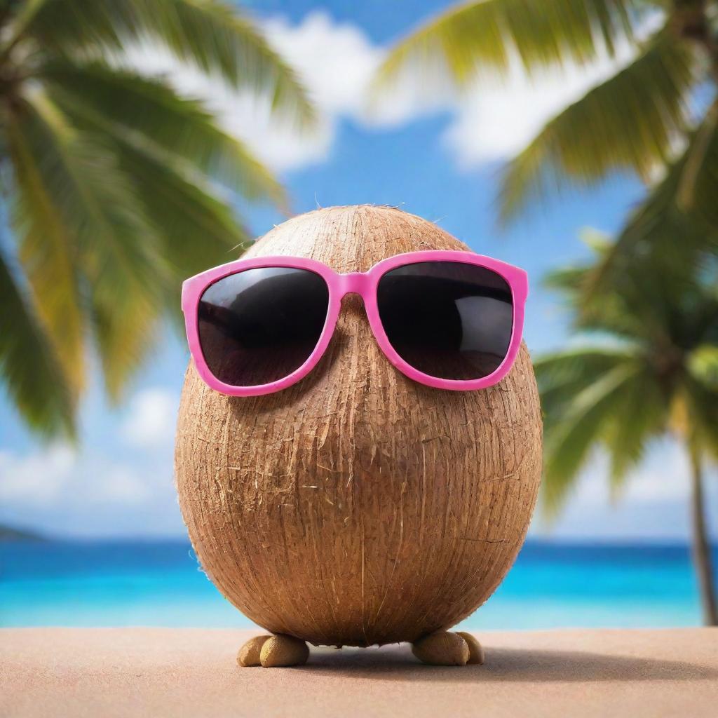 An adorable coconut character with cartoon eyes peeking over stylish sunglasses, gazing at the viewer against a vibrant tropical backdrop.