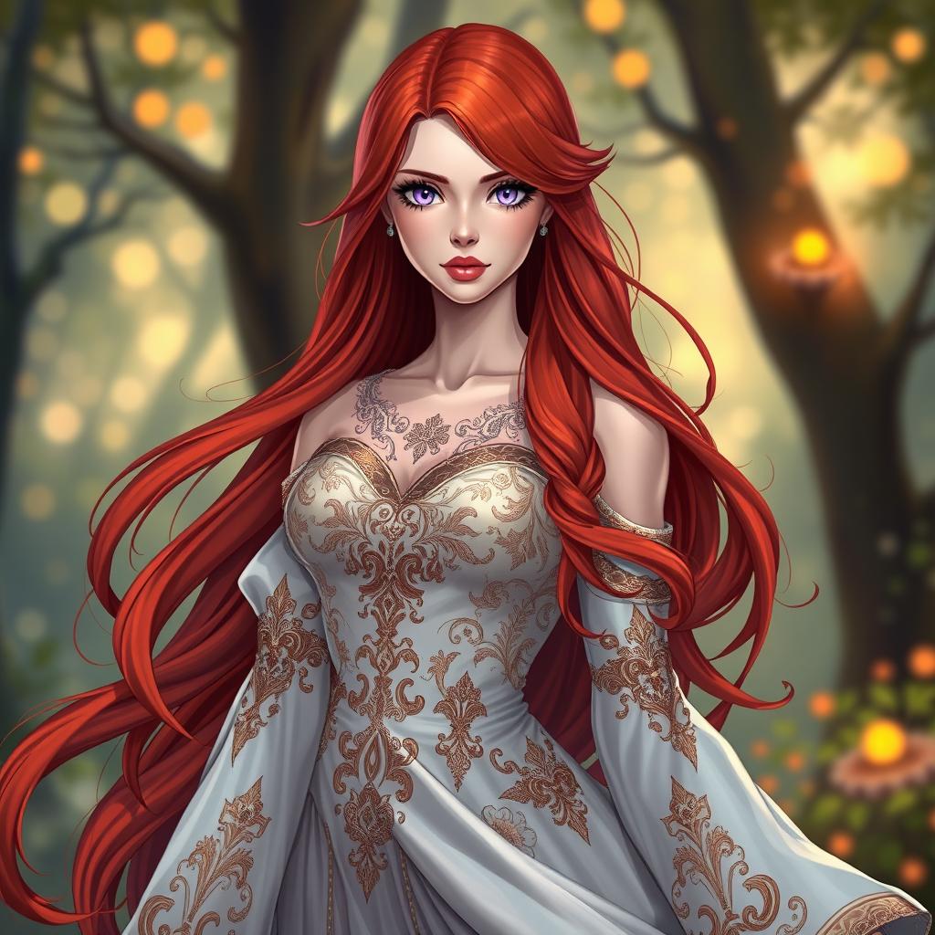 A stunning illustration of a fair-skinned human woman with long flowing red hair and captivating purple eyes