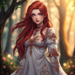 A stunning illustration of a fair-skinned human woman with long flowing red hair and captivating purple eyes