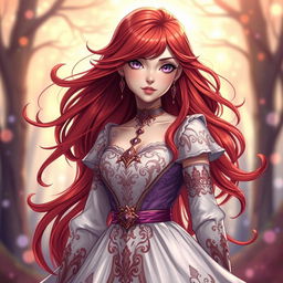 A stunning illustration of a fair-skinned human woman with long flowing red hair and captivating purple eyes