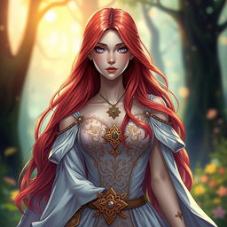 A stunning illustration of a fair-skinned human woman with long flowing red hair and captivating purple eyes