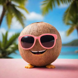 An adorable coconut character with cartoon eyes peeking over stylish sunglasses, gazing at the viewer against a vibrant tropical backdrop.