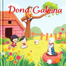 Uma capa de livro encantadora para a história de Dona Galinha, apresentando uma ilustração vibrante com ela e seus cinco pintinhos adoráveis em um pátio de fazenda colorido