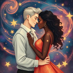 A romantic scene representing love taking shape in a cosmic universe, featuring a couple: a tall white man and a beautiful black woman