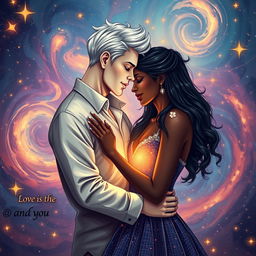 A romantic scene representing love taking shape in a cosmic universe, featuring a couple: a tall white man and a beautiful black woman