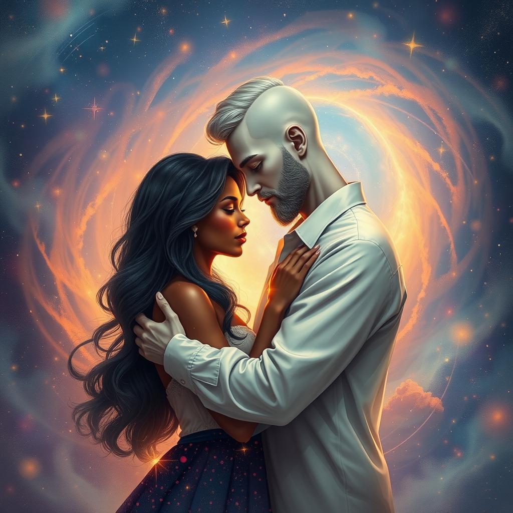 A romantic scene representing love taking shape in a cosmic universe, featuring a couple: a tall white man and a beautiful black woman