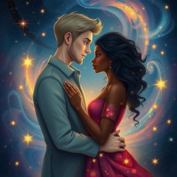 A romantic scene representing love taking shape in a cosmic universe, featuring a couple: a tall white man and a beautiful black woman