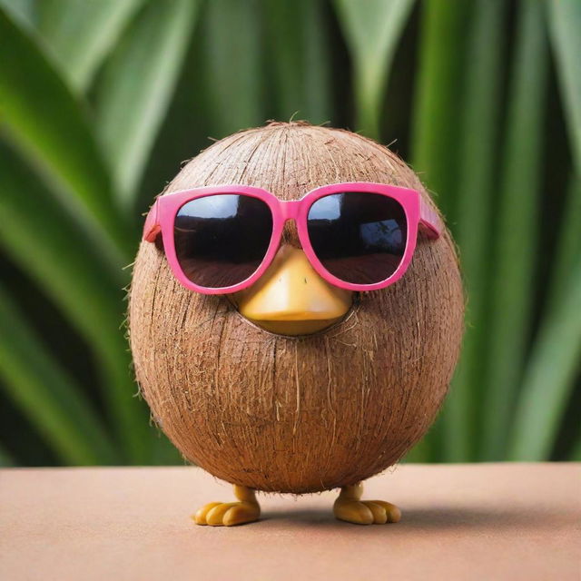 An adorable coconut character with cartoon eyes peeking over stylish sunglasses, gazing at the viewer against a vibrant tropical backdrop.