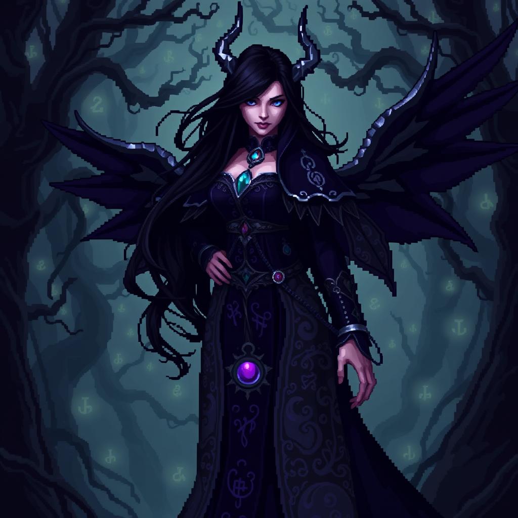 Morgana from League of Legends depicted in a dark fantasy pixel art style