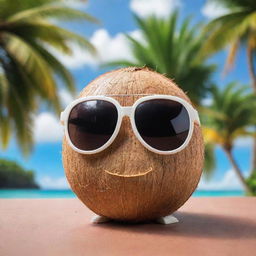 An adorable coconut character with cartoon eyes peeking over stylish sunglasses, gazing at the viewer against a vibrant tropical backdrop.