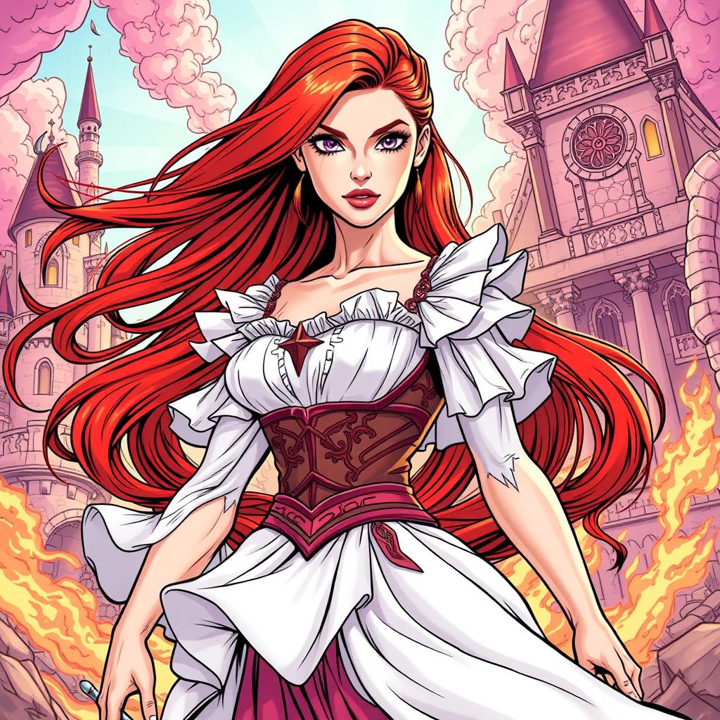 An action comic style illustration of a fair-skinned human woman with long flowing red hair and striking purple eyes