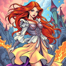 An action comic style illustration of a fair-skinned human woman with long flowing red hair and striking purple eyes