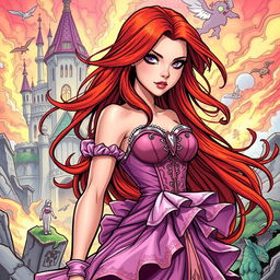 An action comic style illustration of a fair-skinned human woman with long flowing red hair and striking purple eyes