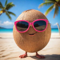 A sassy coconut character, with confident eyes peering over trendy sunglasses, giving a daring look to the viewer against a sunny beach background.