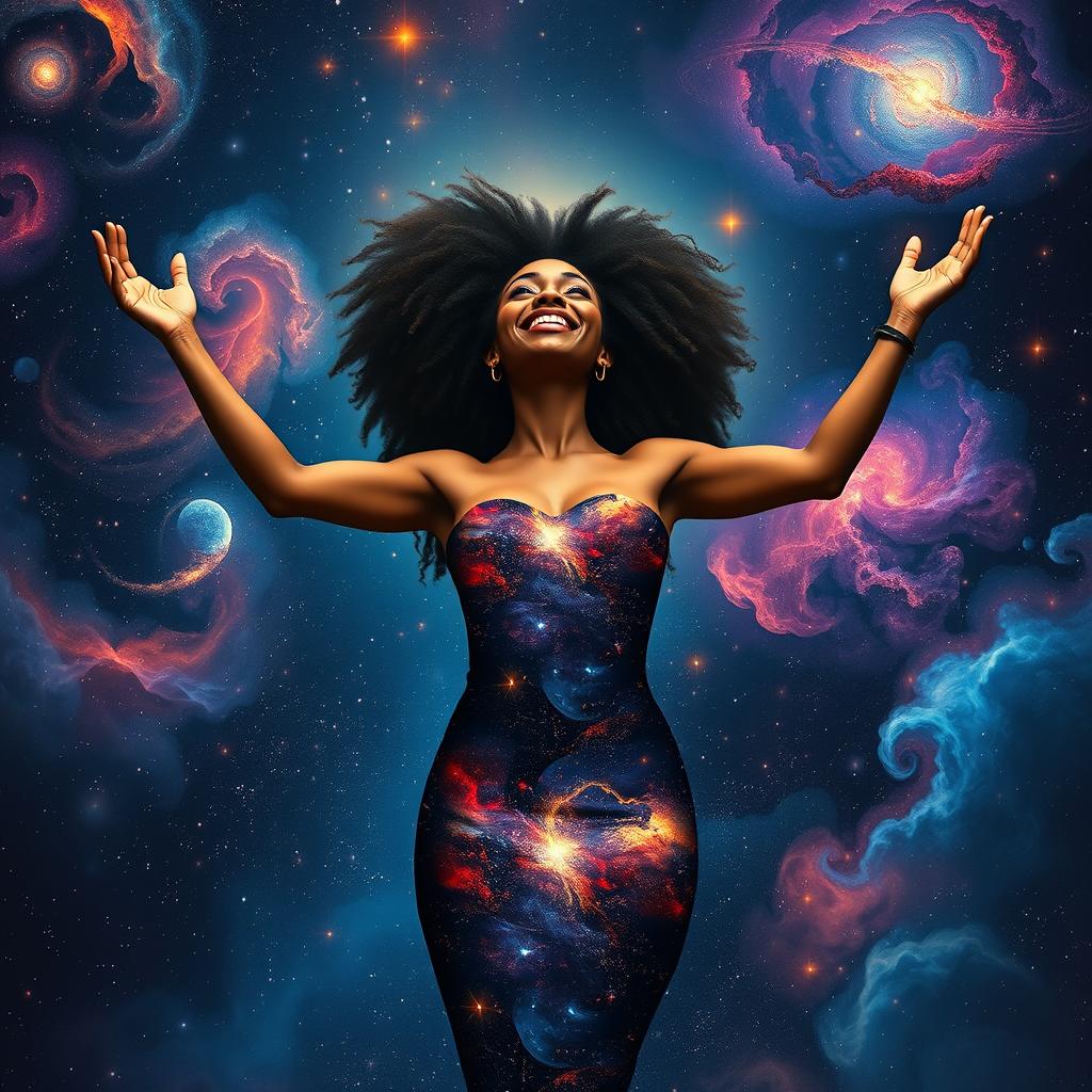 A stunning scene of a beautiful black woman embracing the universe