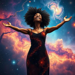 A stunning scene of a beautiful black woman embracing the universe