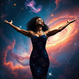 A stunning scene of a beautiful black woman embracing the universe