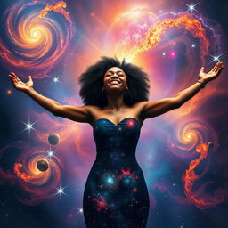 A stunning scene of a beautiful black woman embracing the universe