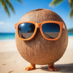 A sassy coconut character, with confident eyes peering over trendy sunglasses, giving a daring look to the viewer against a sunny beach background.