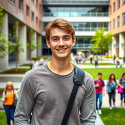 A 22-year-old male student with short brown hair and brown eyes, dressed in casual clothes such as jeans and a simple shirt