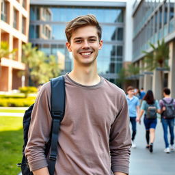 A 22-year-old male student with short brown hair and brown eyes, dressed in casual clothes such as jeans and a simple shirt